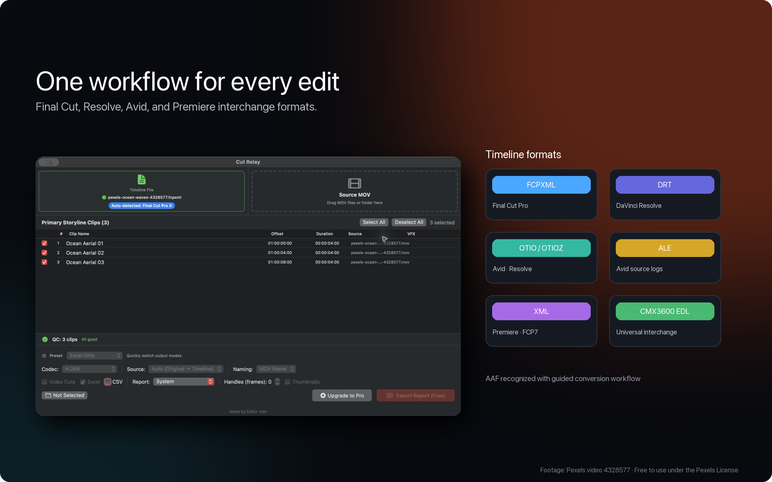 Cut Relay view showing generated handoff files and export completion status