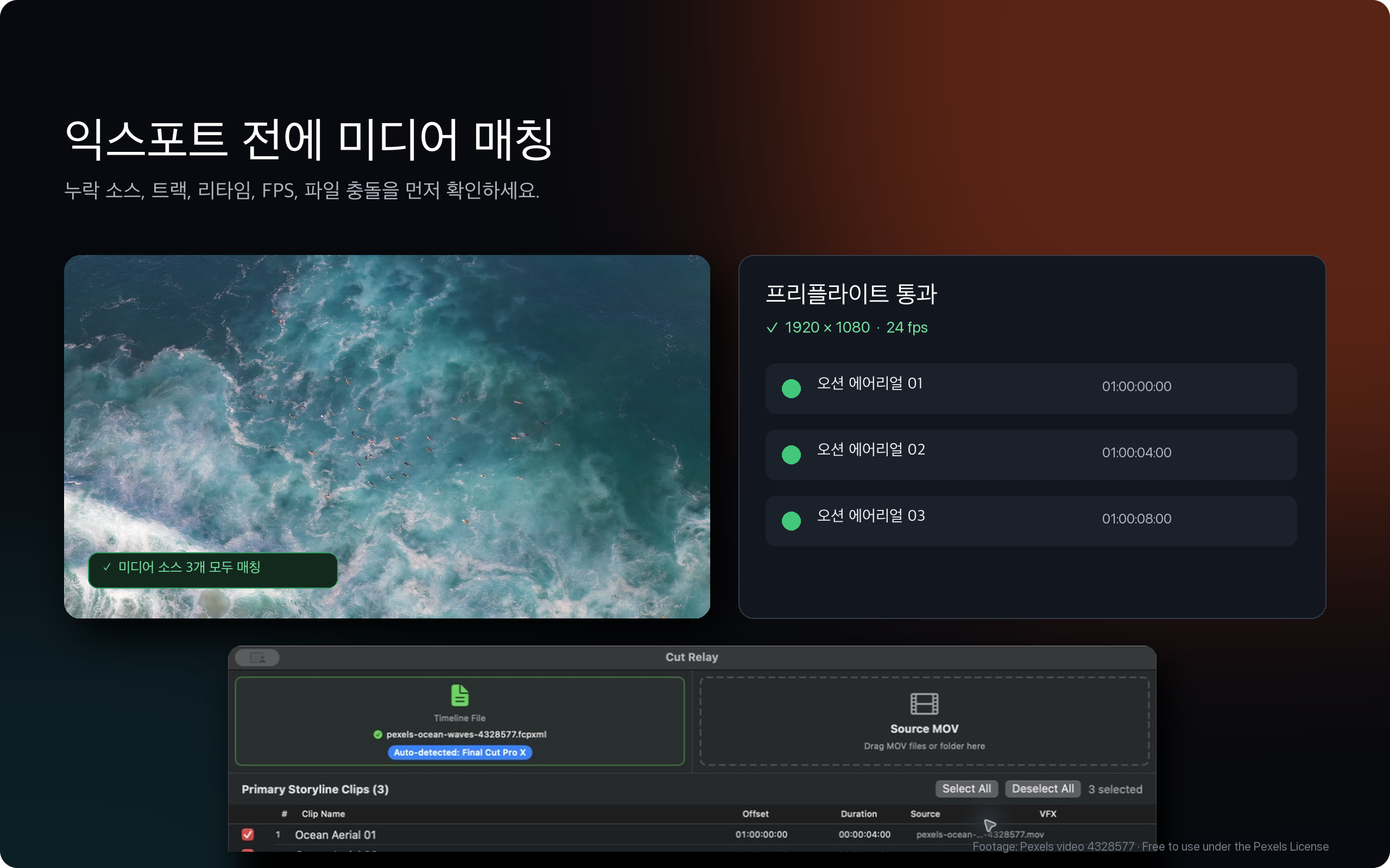 누락 미디어와 컷 범위를 확인하는 Cut Relay 타임라인 검토 화면