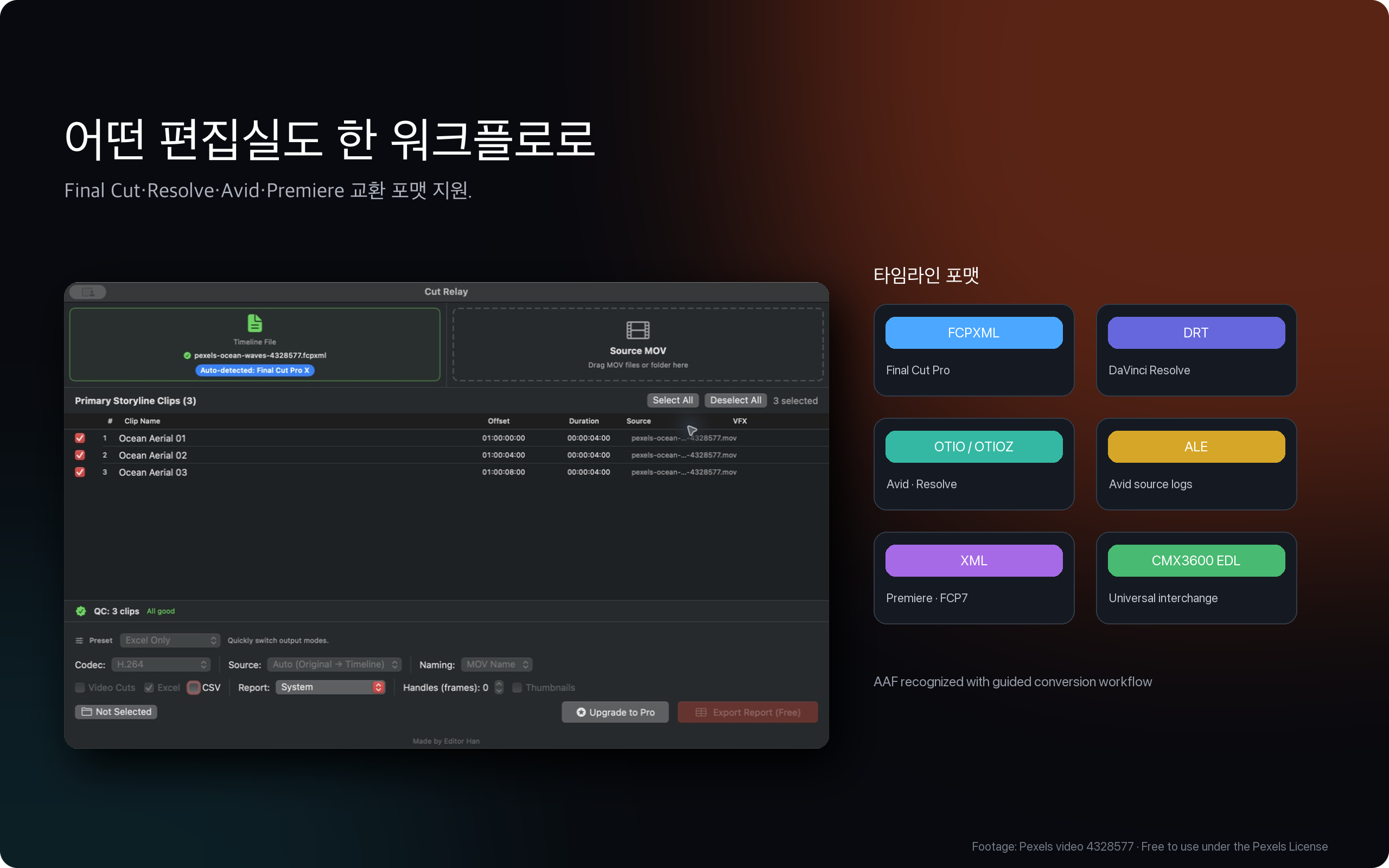 생성된 전달물과 내보내기 완료 상태를 확인하는 Cut Relay 화면