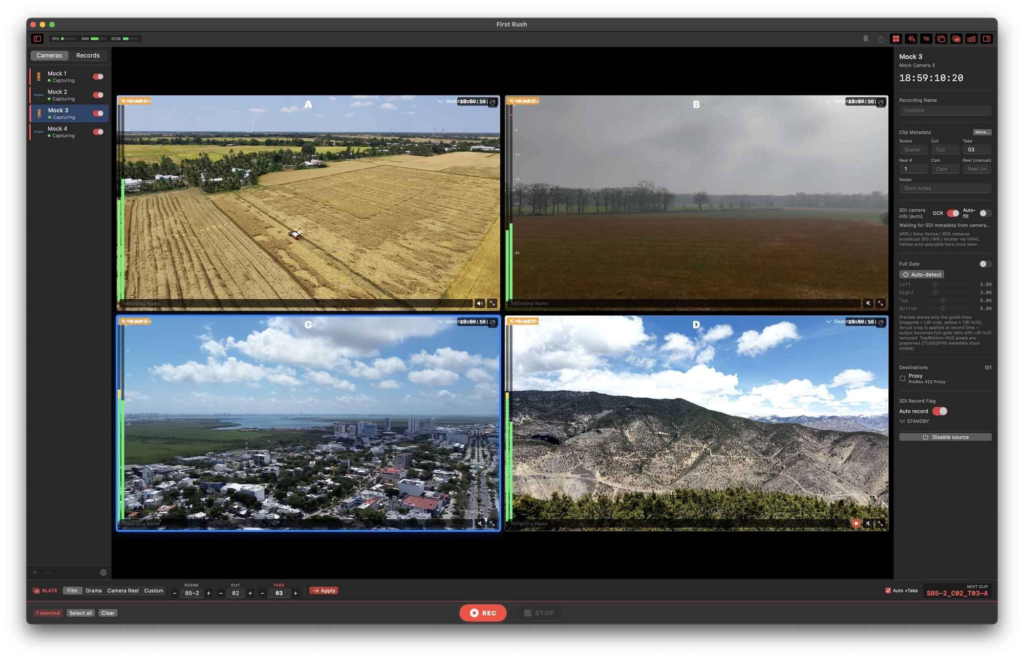 First Rush 멀티캠 SDI 레코더 UI